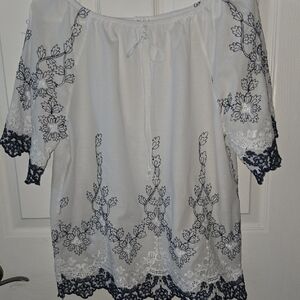 Chic White and Navy Embroidered Blouse